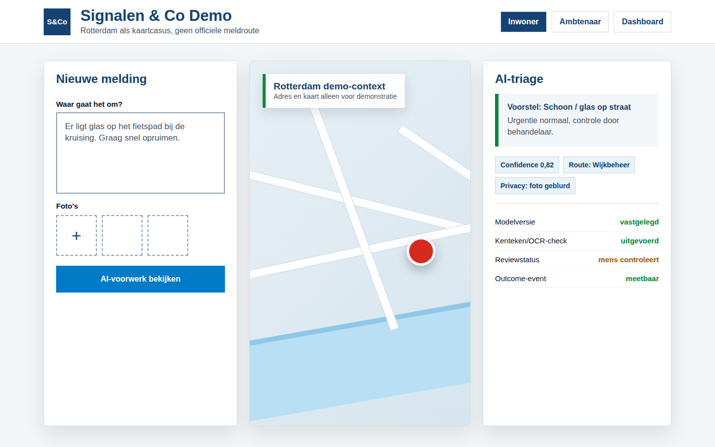 Productvisual van de Signalen & Co demo met melding, kaart en AI-triage